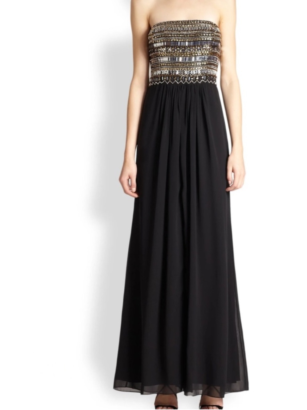 Aidan Mattox Black Beaded Bodice Strapless Chiffon Gown Size 10 Formal